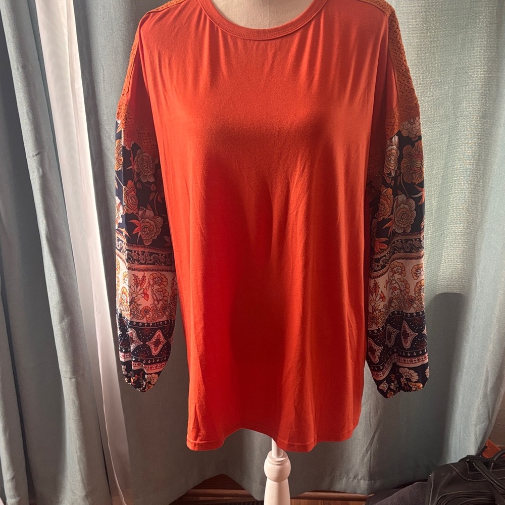 Orange Long Sleeve Top with Patterned Sleeves